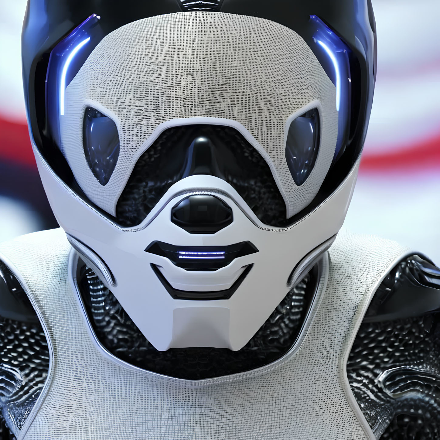 Humanoid robotic face with white and black helmet and glowing blue eyes.