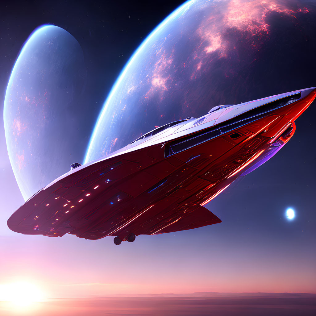 Red futuristic spacecraft over pink alien landscape with giant planets in sky