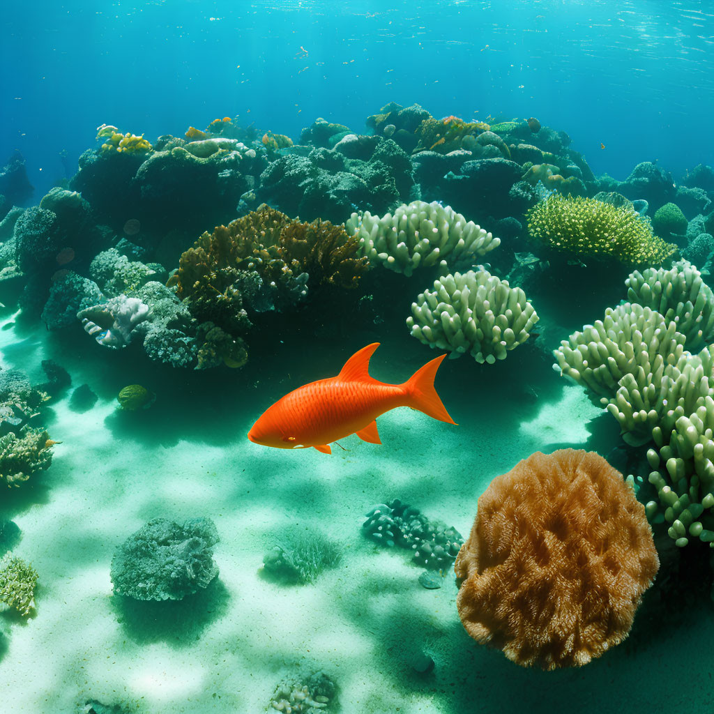 Colorful Coral Reef and Orange Fish in Vibrant Underwater Scene