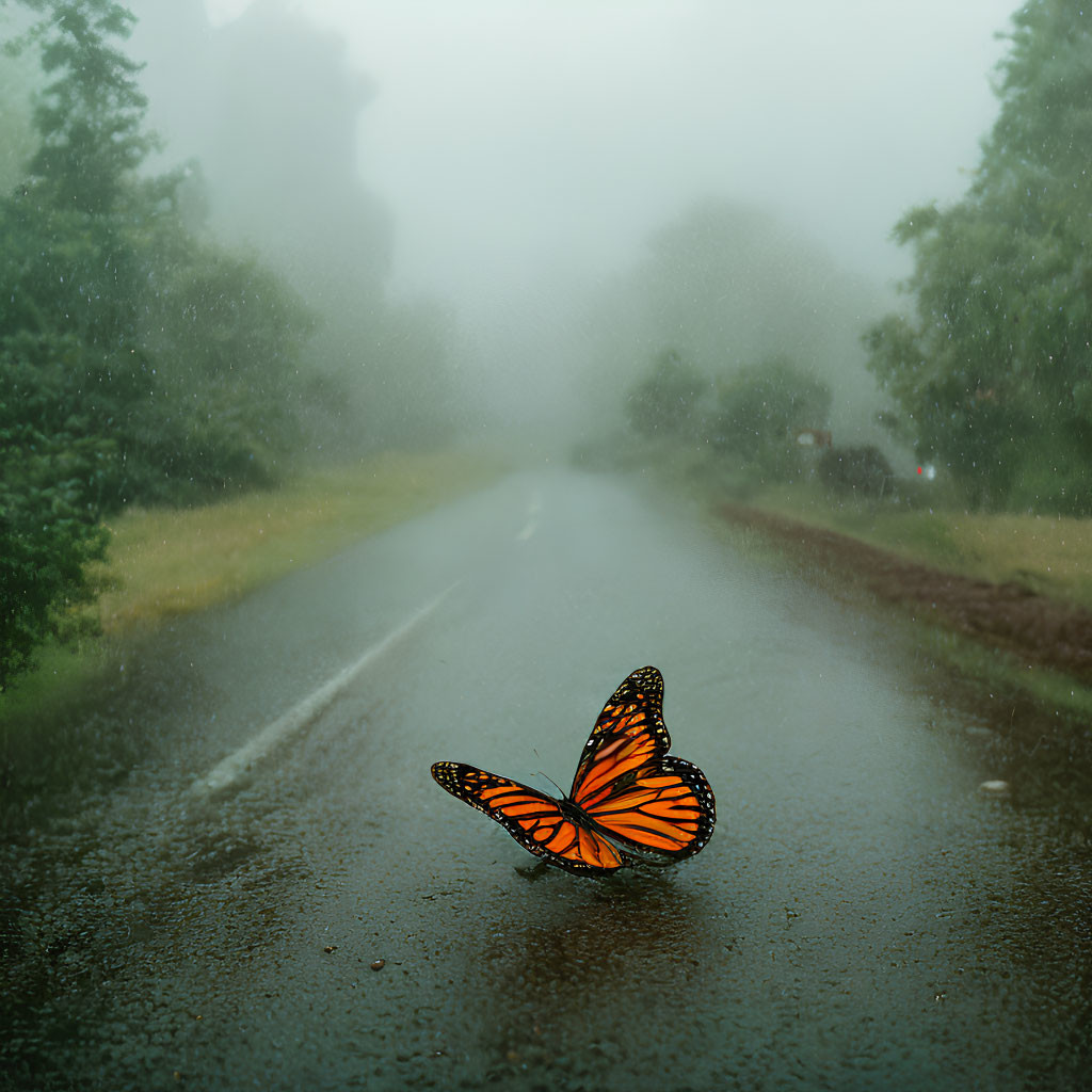 Monarch butterfly on wet road in foggy landscape