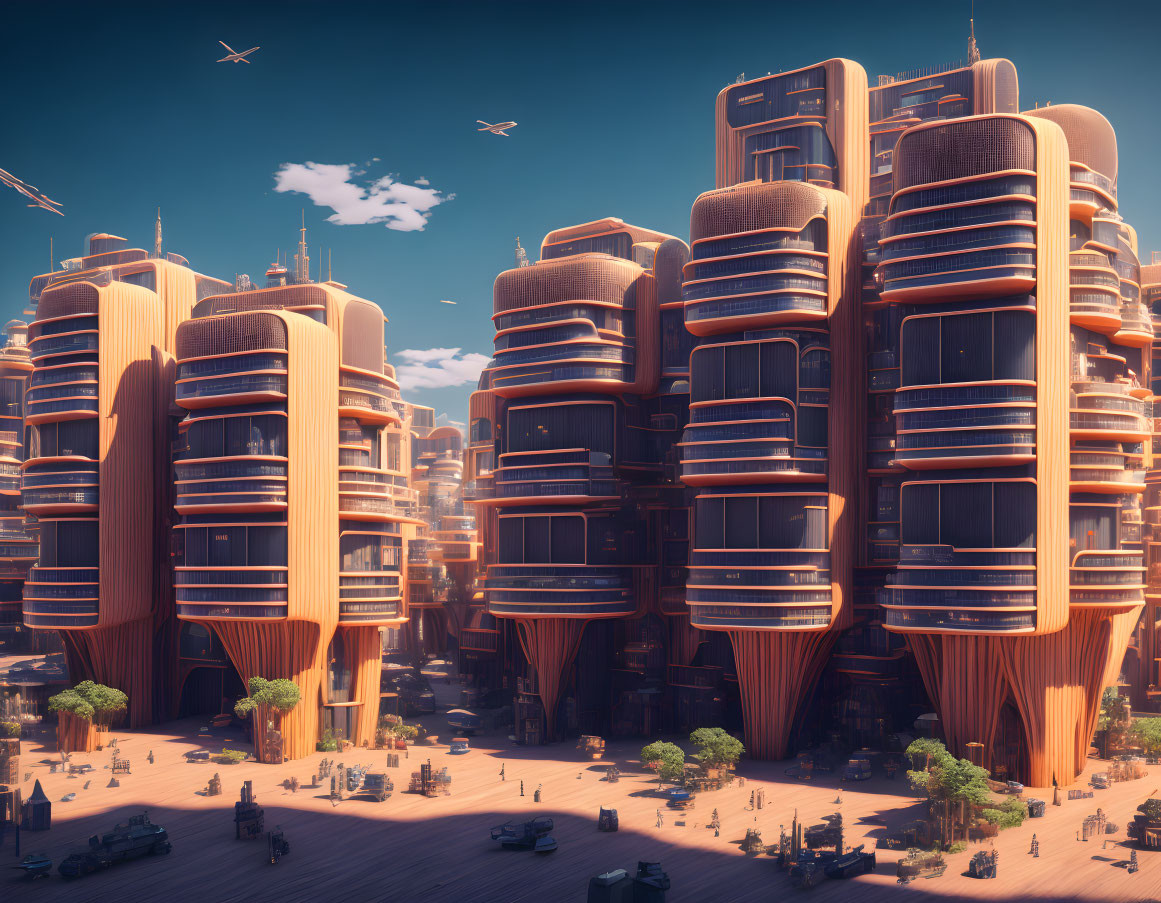 Futuristic cityscape with towering curved buildings and flying vehicles