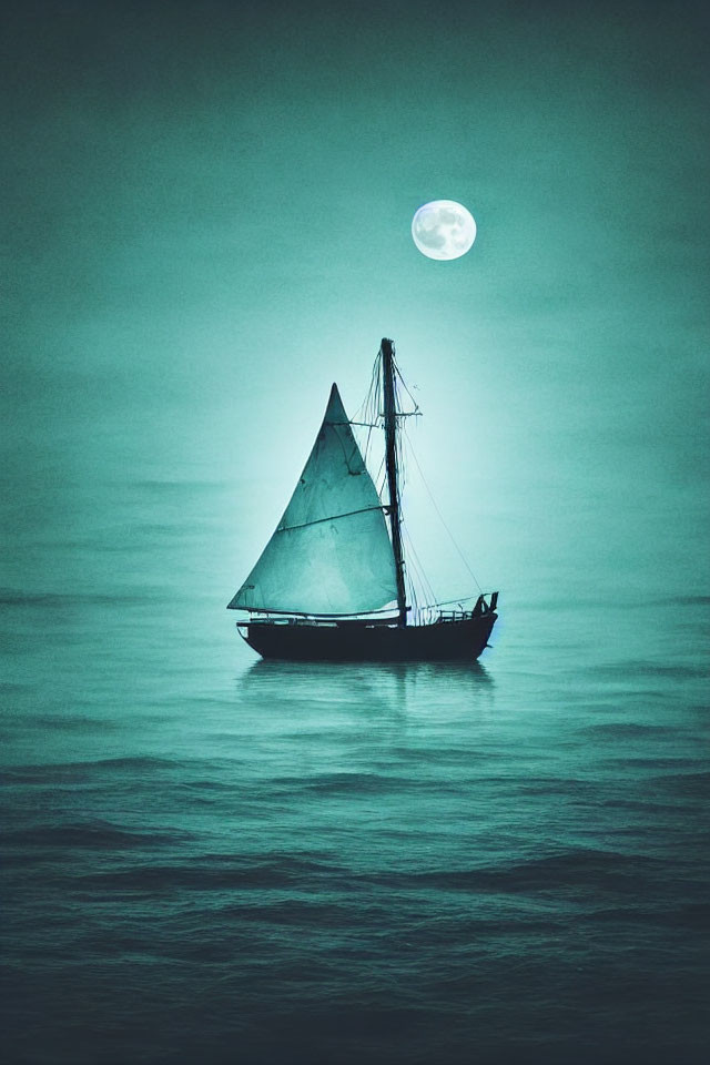 Sailboat on Serene Sea under Full Moon in Dreamy Teal Ambiance