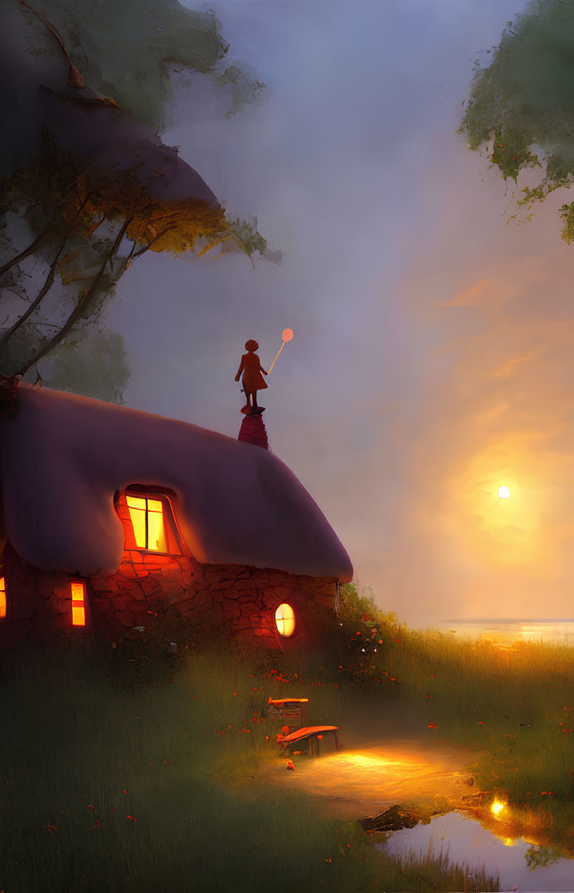 Thatched-Roof Cottage at Sunset with Figure and Reflective Pond