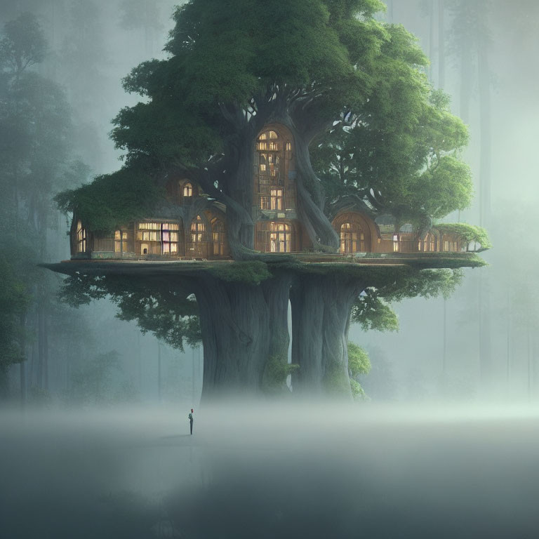 Person in front of illuminated treehouse in ancient tree amid foggy forest