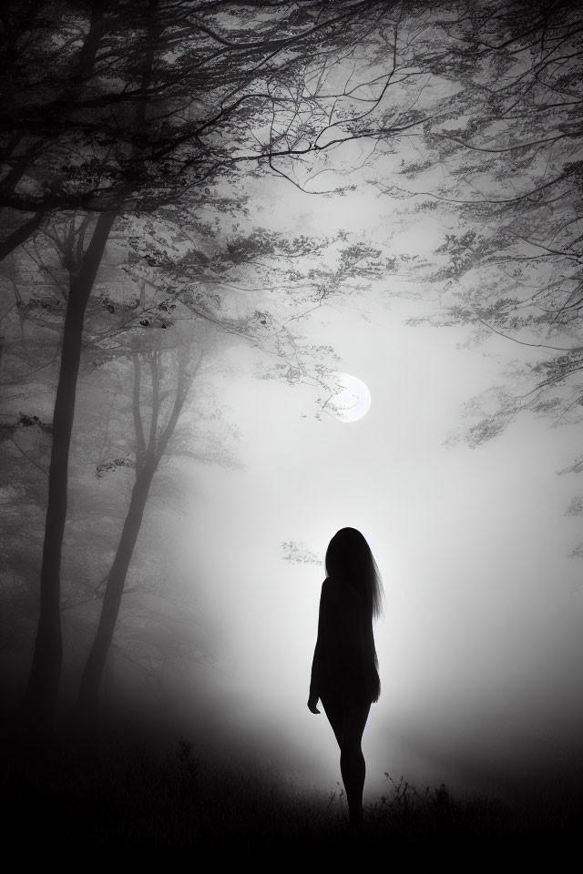 Silhouetted figure walking in foggy forest under dim moon