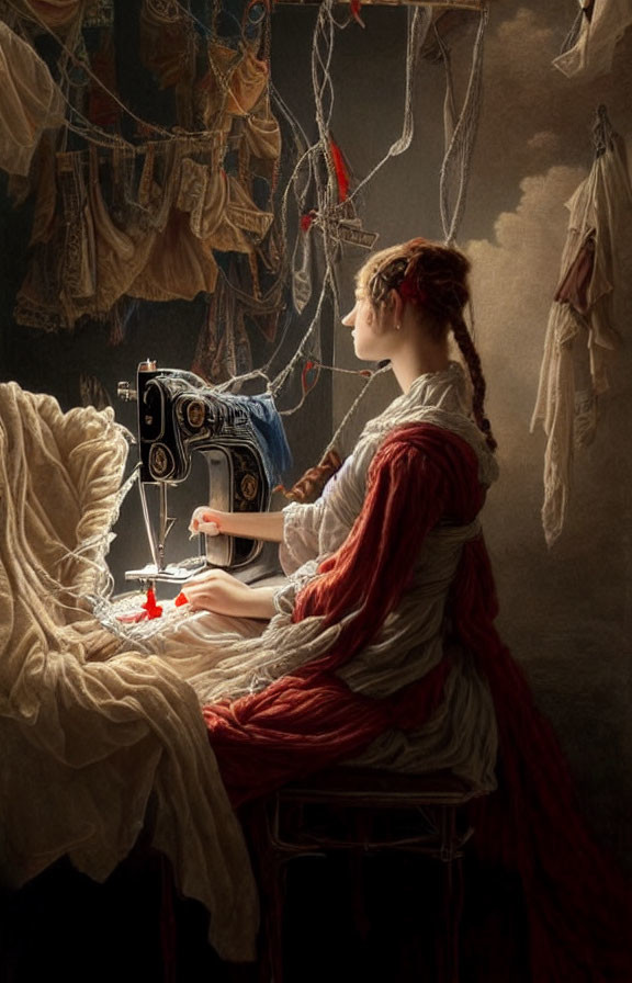 Historically dressed woman sewing on vintage machine surrounded by textiles