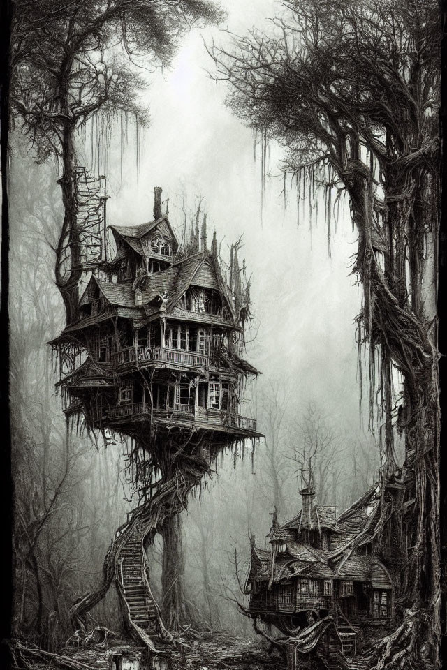 Monochrome artwork of a spooky Victorian house in eerie forest