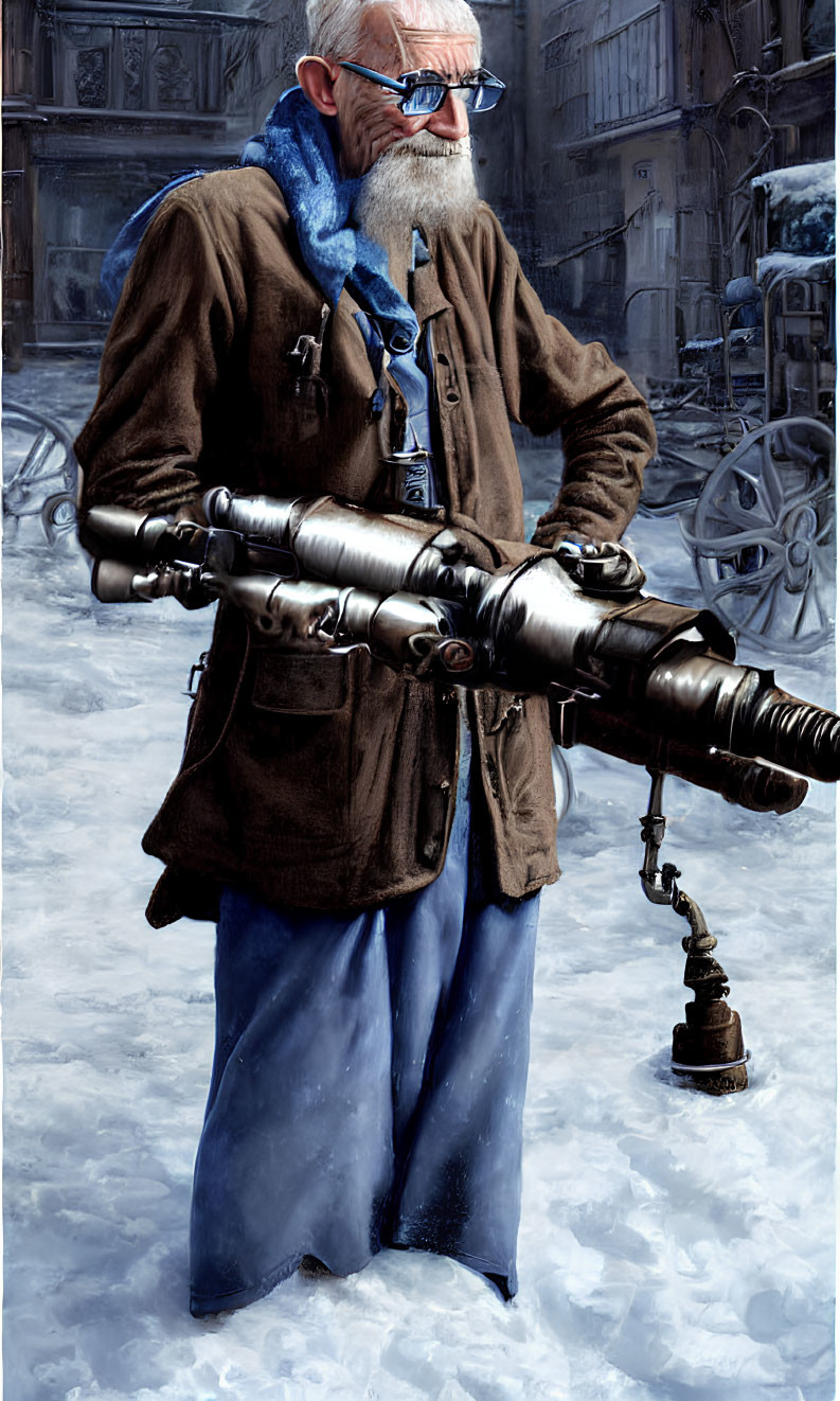 Elderly bearded man in steampunk attire with large gun in snow