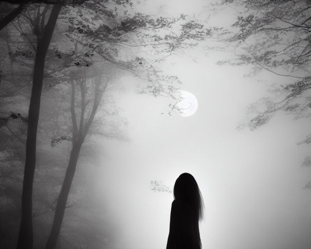 Silhouetted figure walking in foggy forest under dim moon