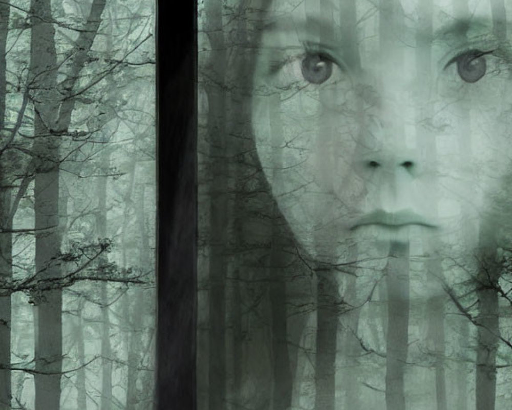 Ghostly human face merges with foggy forest in mystical image