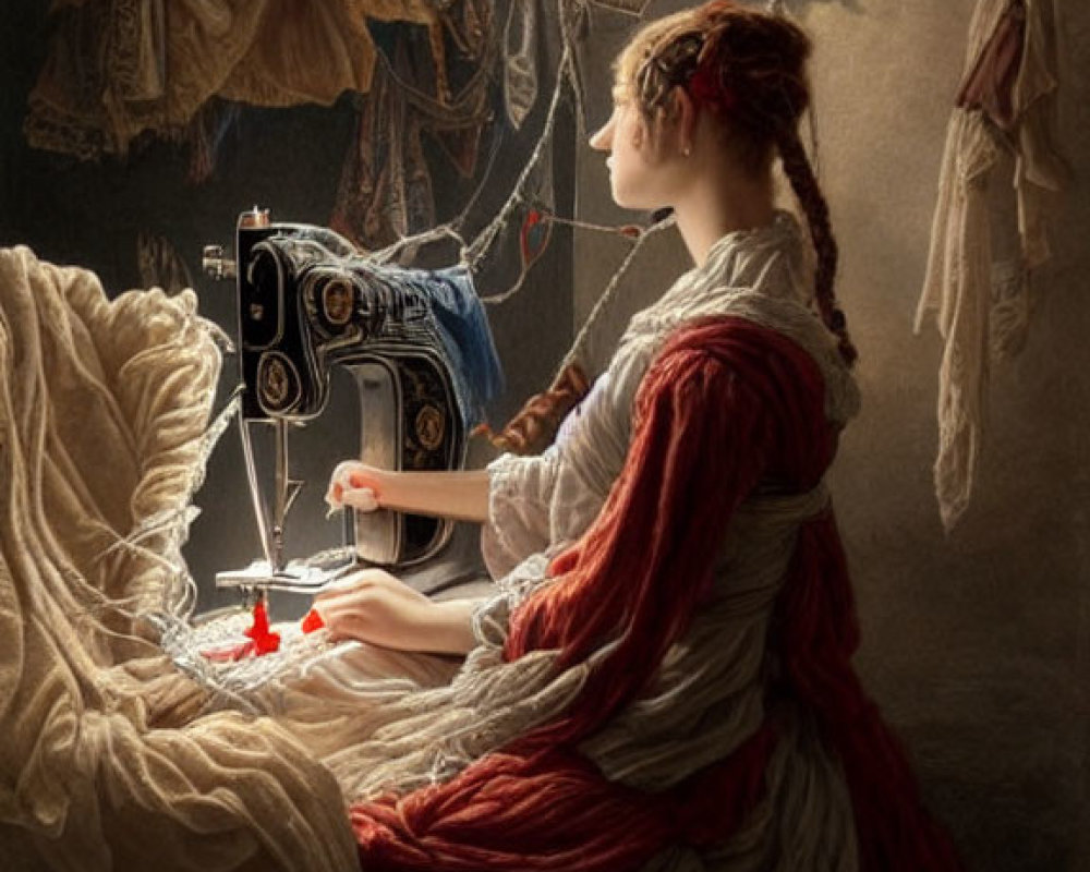 Historically dressed woman sewing on vintage machine surrounded by textiles