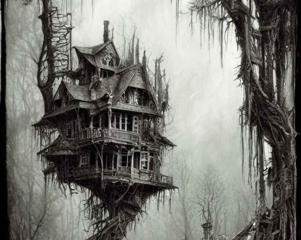 Monochrome artwork of a spooky Victorian house in eerie forest