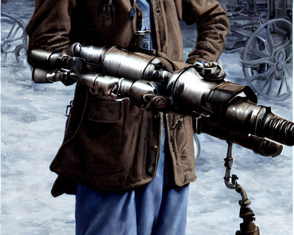 Elderly bearded man in steampunk attire with large gun in snow