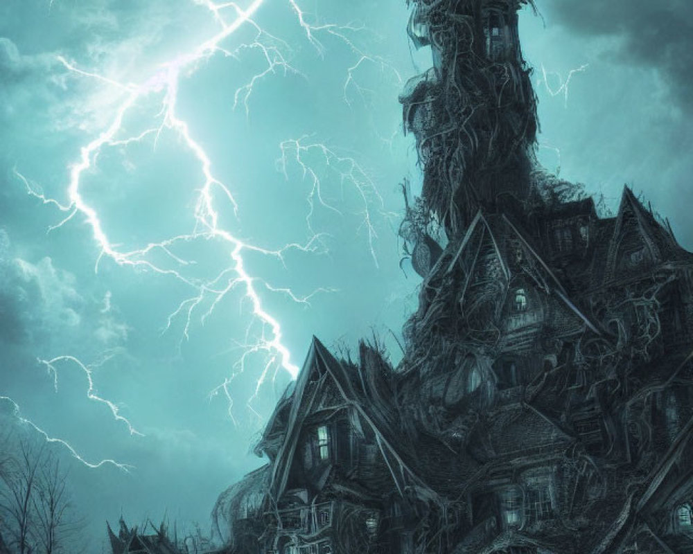 Majestic Haunted House in Stormy Setting