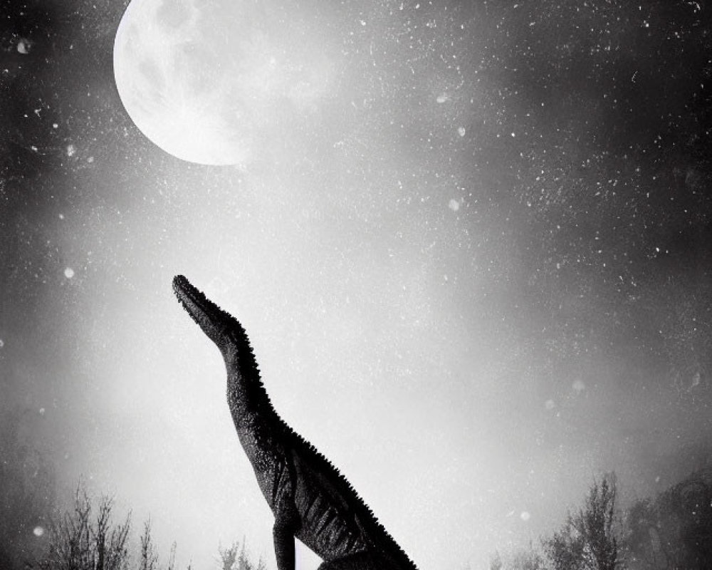 Monochrome Dinosaur Silhouette with Moon and Starry Sky