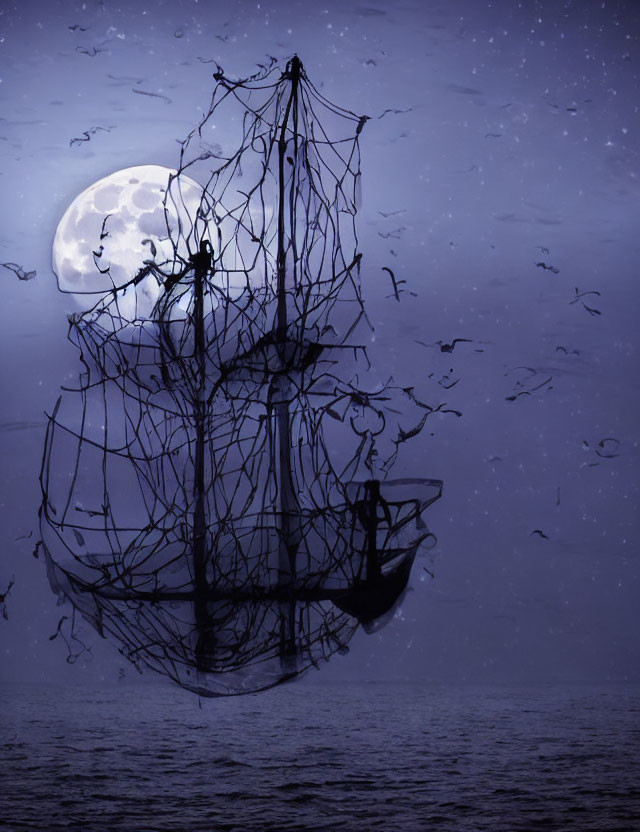 Ghostly ship silhouette with tattered sails under full moon in night sky surrounded by flying birds and calm