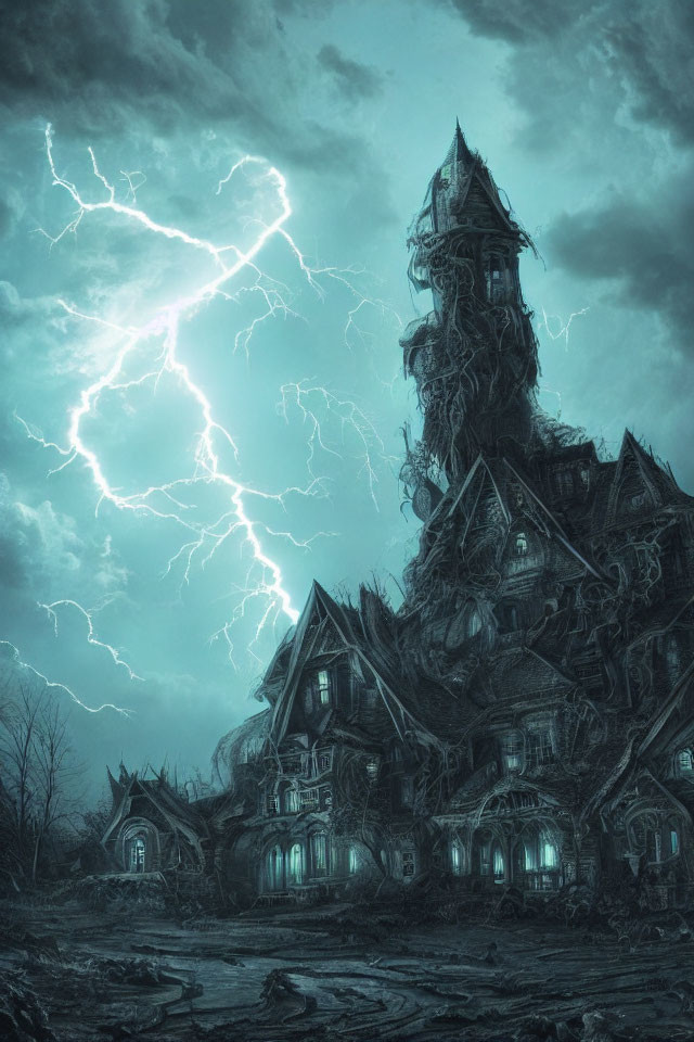 Majestic Haunted House in Stormy Setting