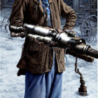 Elderly bearded man in steampunk attire with large gun in snow