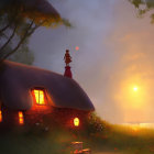 Thatched-Roof Cottage at Sunset with Figure and Reflective Pond