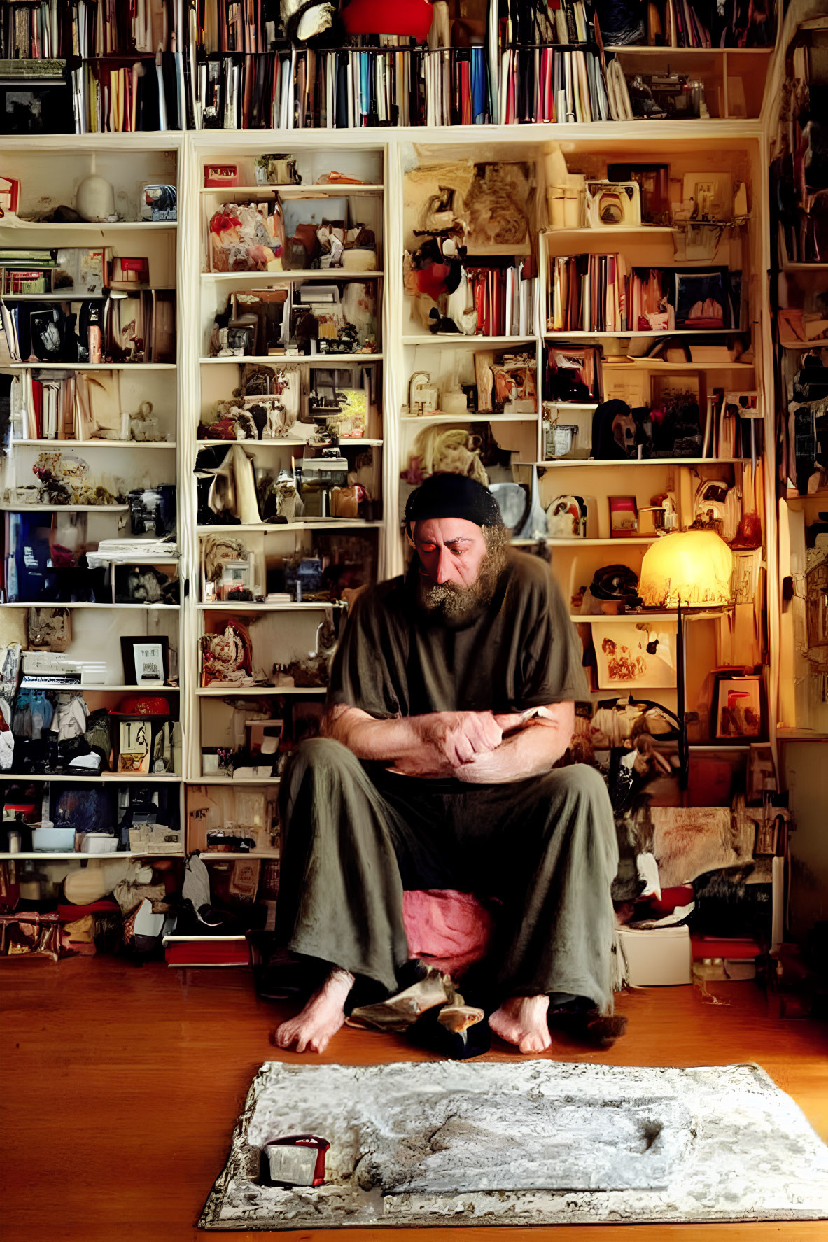 Person reading book surrounded by bookshelves on rug