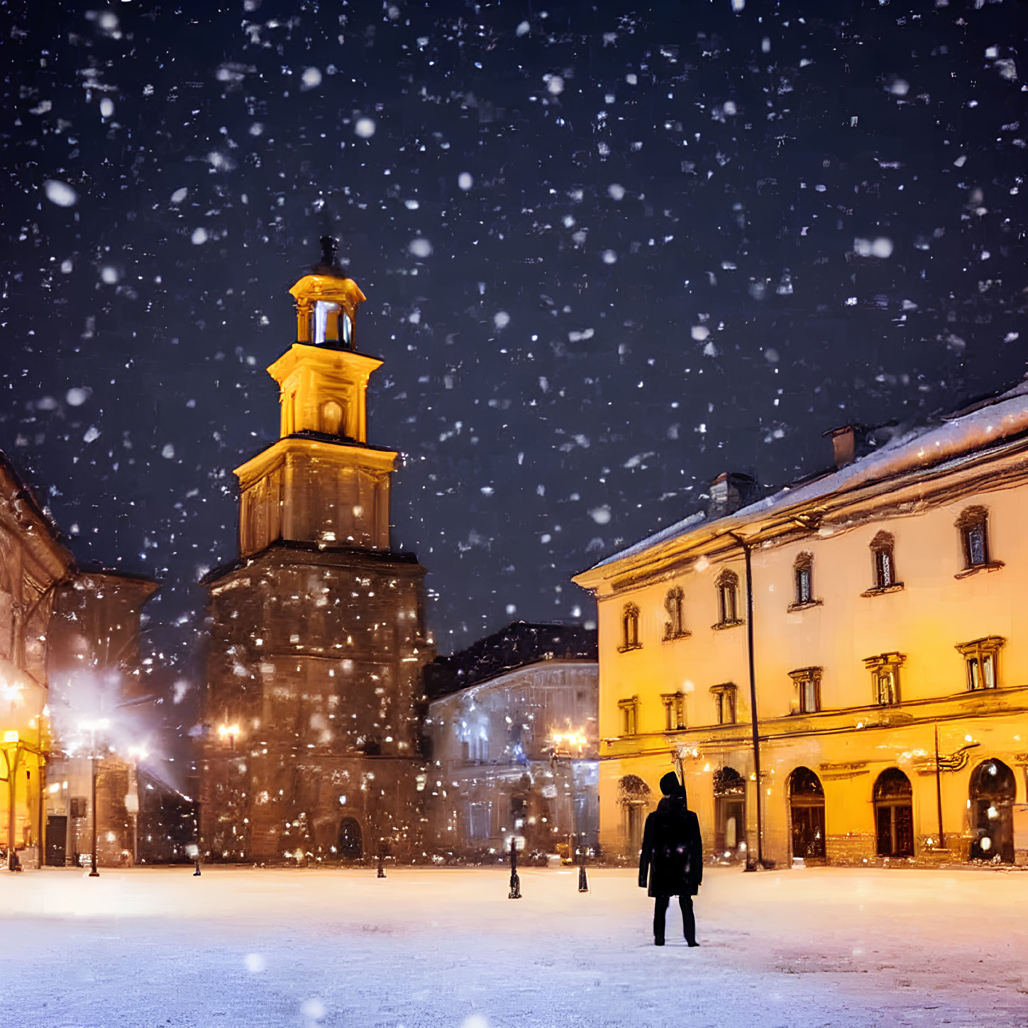 Snowy city square at night with lit buildings and tower in background.