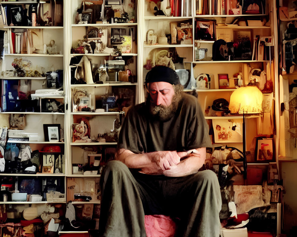 Person reading book surrounded by bookshelves on rug