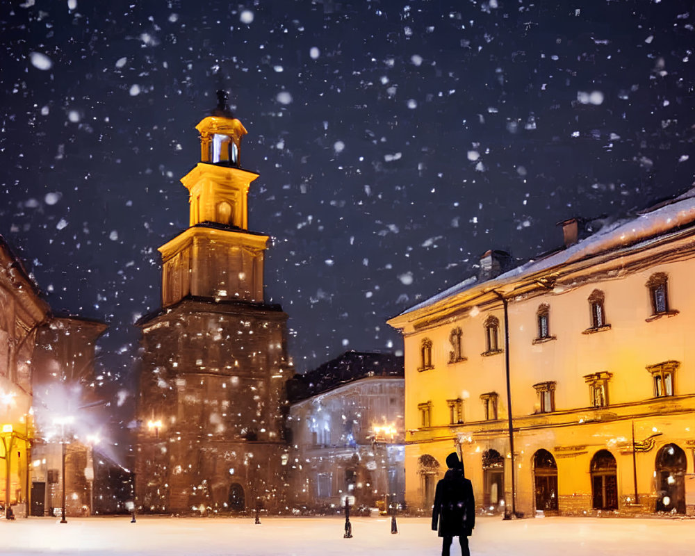 Snowy city square at night with lit buildings and tower in background.