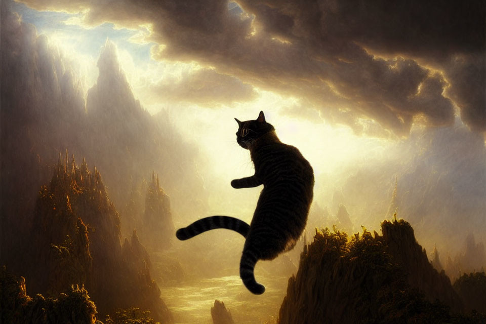 Cat leaping against dramatic cliffs and valleys under overcast sky