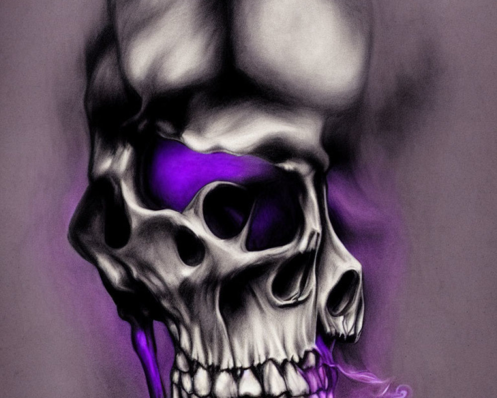 Skull with Purple Accents and Smoke on Gray Background