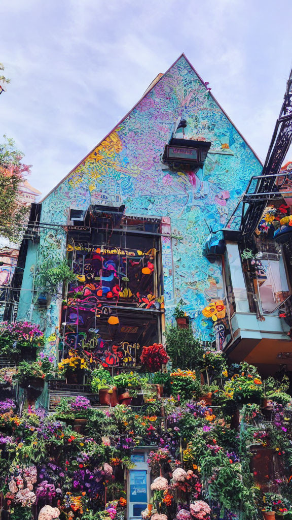 Colorful graffiti-covered building facade with blooming flowers and plants.