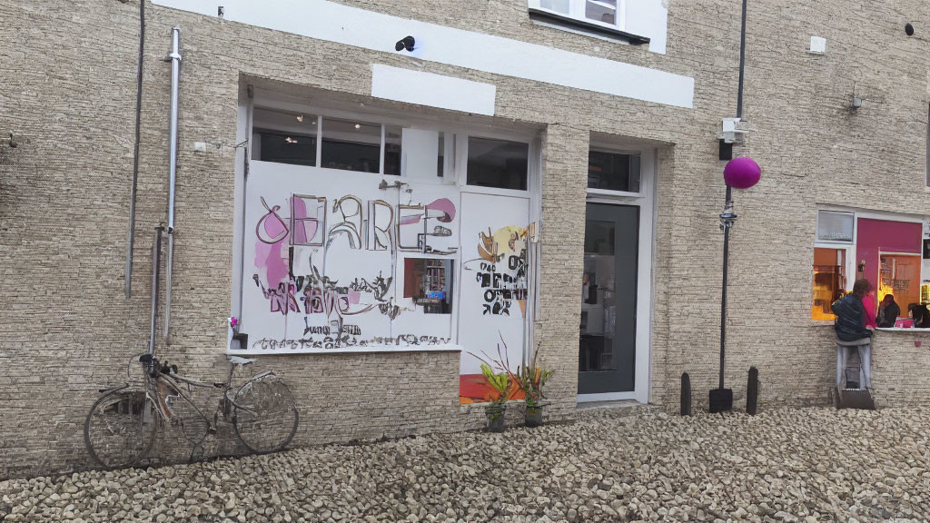 Bicycle leaning against pebble ground near graffiti-covered building, showing room with orange lighting inside