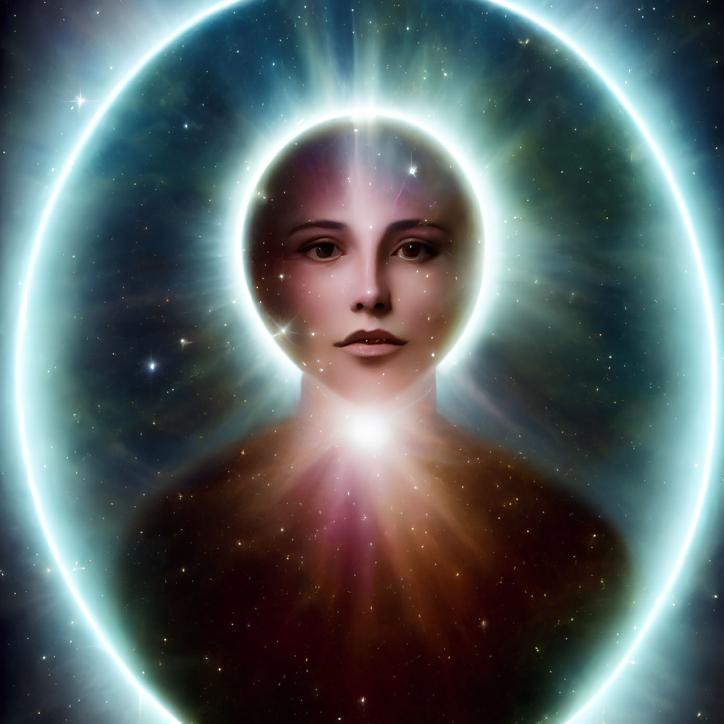 Serene person portrait with glowing halo on cosmic background