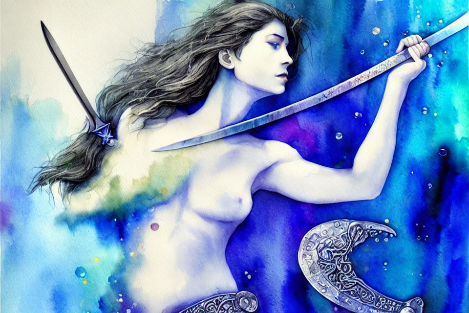 Fantastical warrior woman watercolor illustration with sword