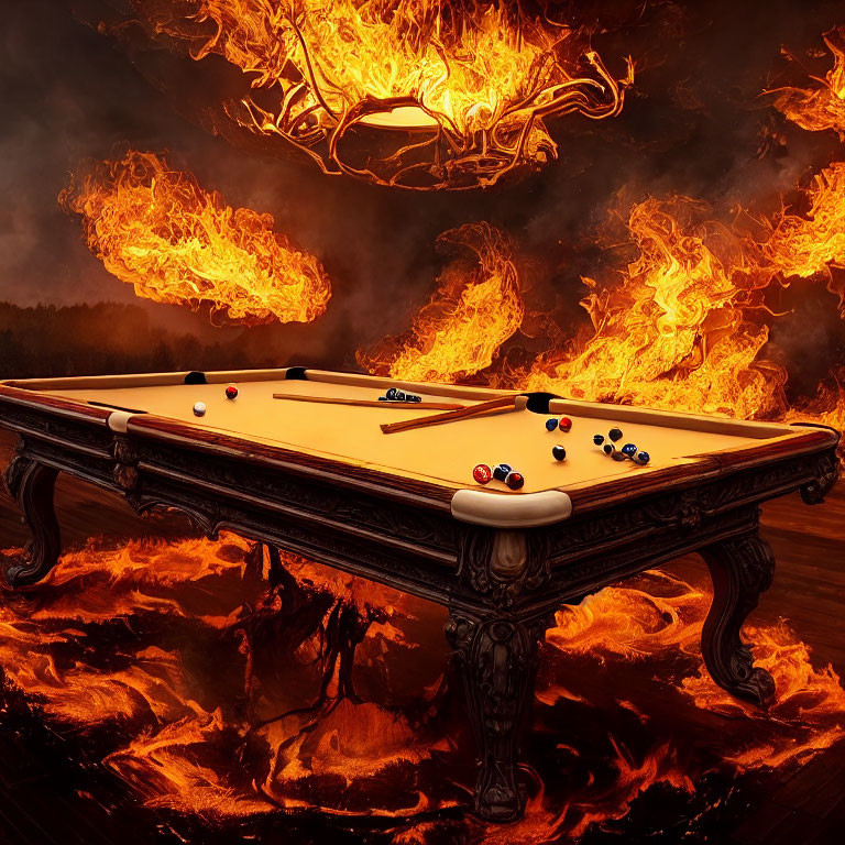 Billiard table with cues and balls against fiery lava backdrop