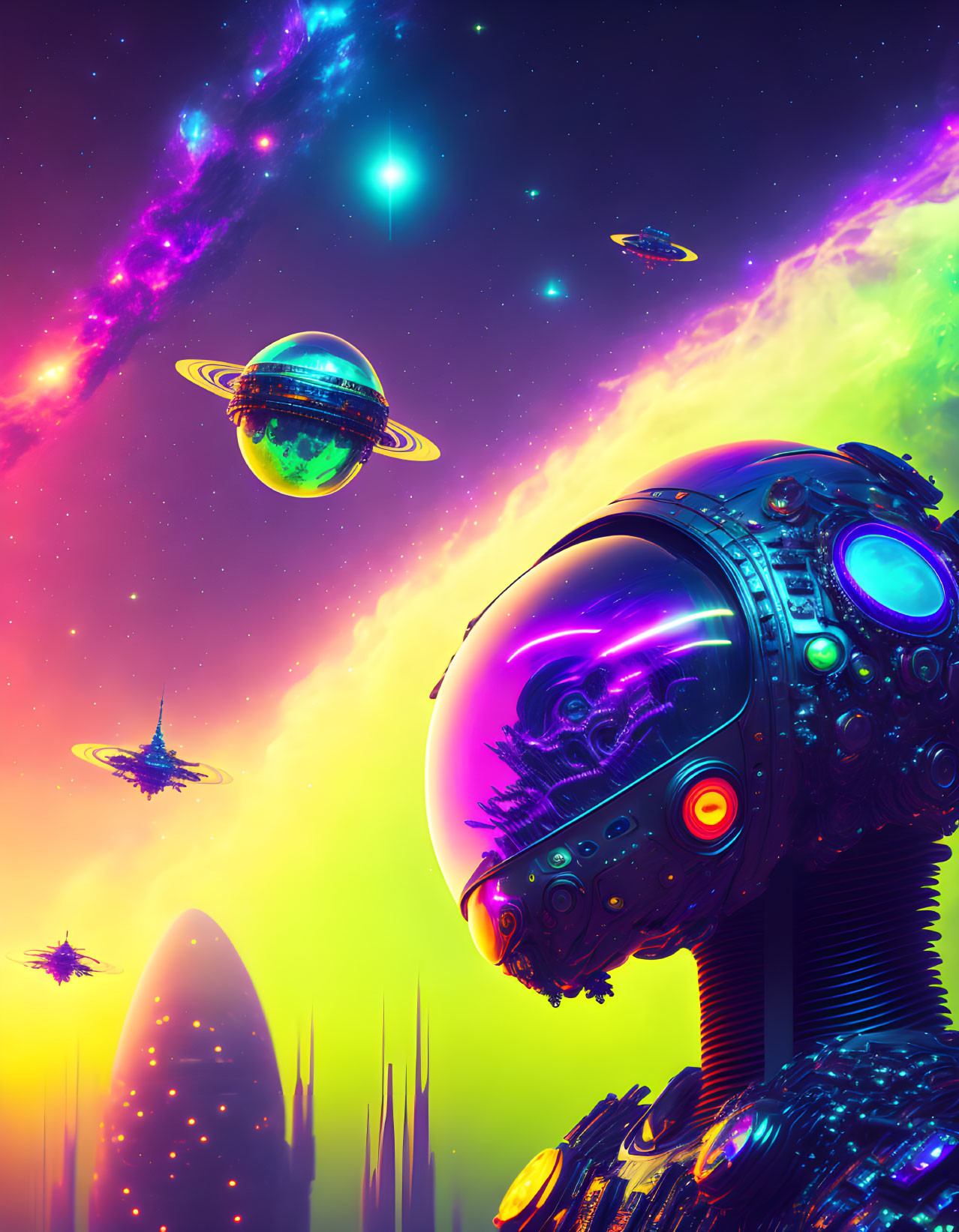 Detailed Robot Head in Colorful Sci-Fi Scene with Galaxies and Spaceships