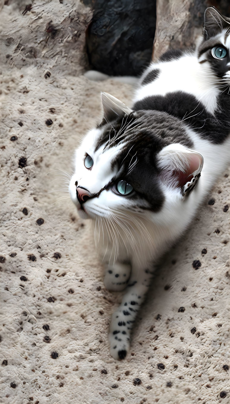 Striking Blue-Eyed Black and White Cat on Textured Surface