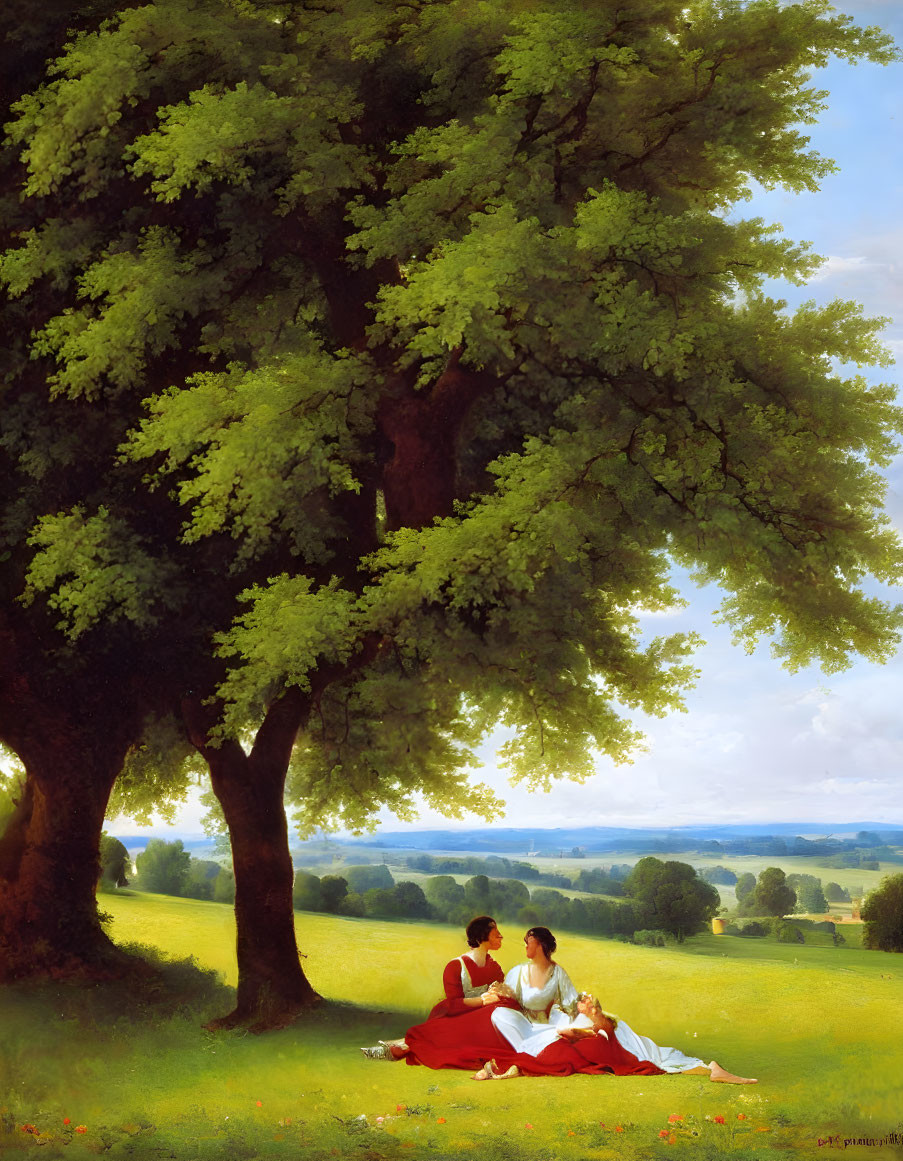 Two people under a tree in meadow: one plays flute, the other listens, with distant hills