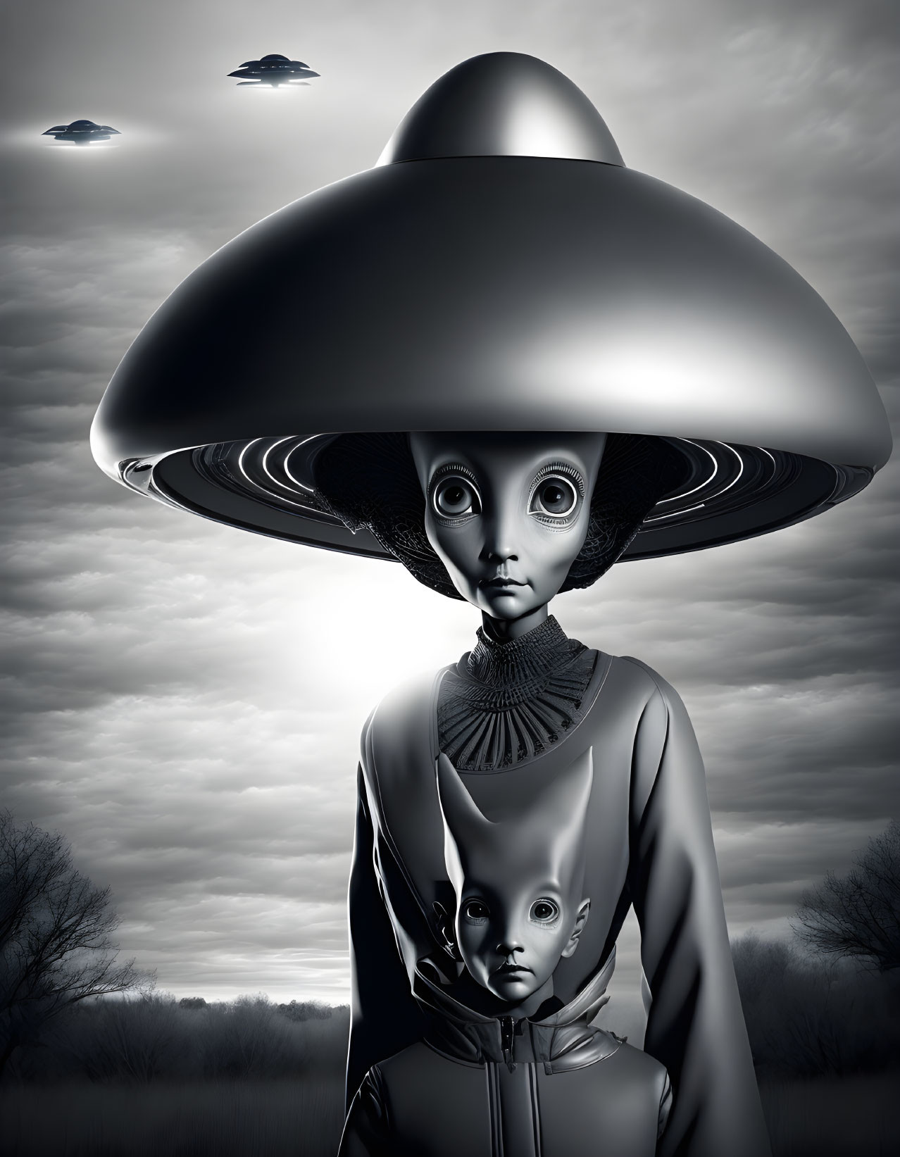 Monochrome image of extraterrestrial being in suit, holding smaller being, with UFOs in dramatic