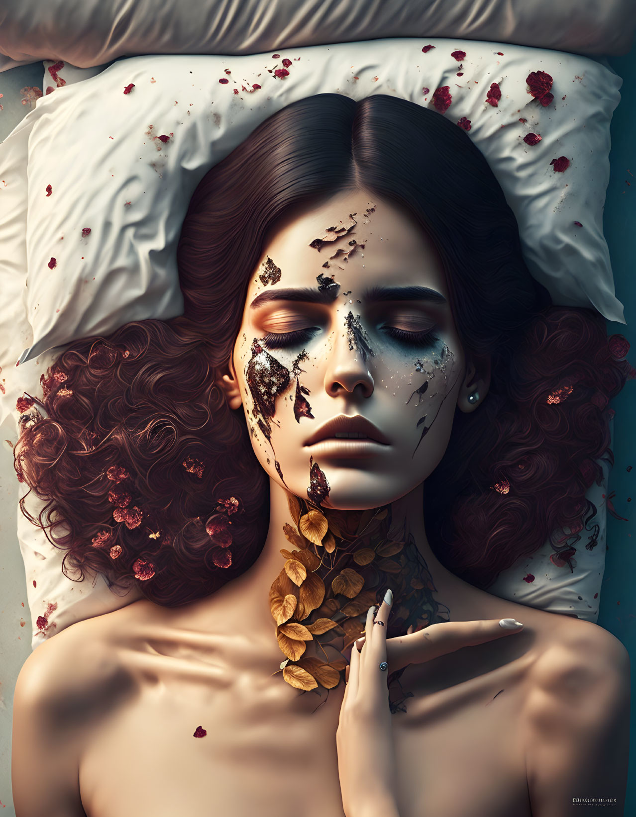 Digital artwork of a woman with closed eyes surrounded by leaves and petals