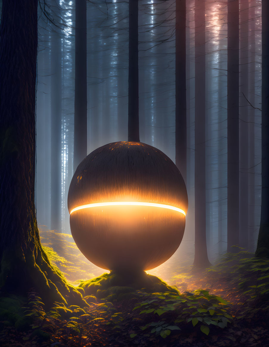 Misty forest scene with glowing spherical object