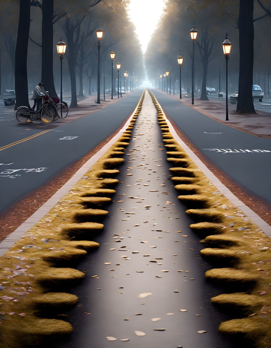 Tranquil tree-lined street at dusk with bike lane and autumn leaves.