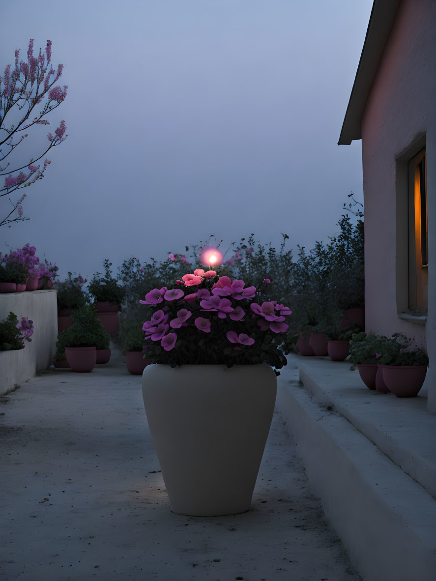 Twilight scene: large white planter, purple flowers, ambient light, dusky sky, path