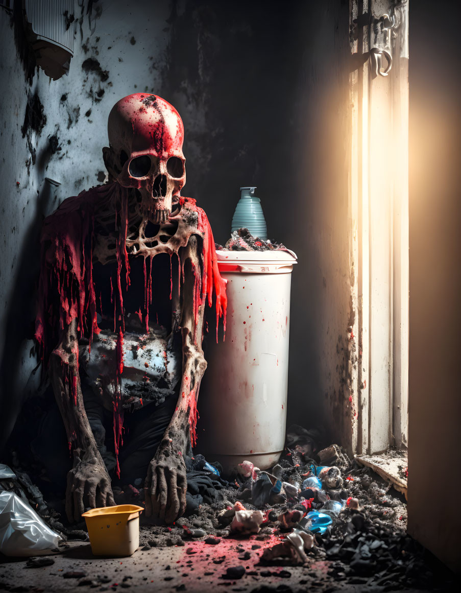 Skeleton covered in red substance next to trash bin under dim light