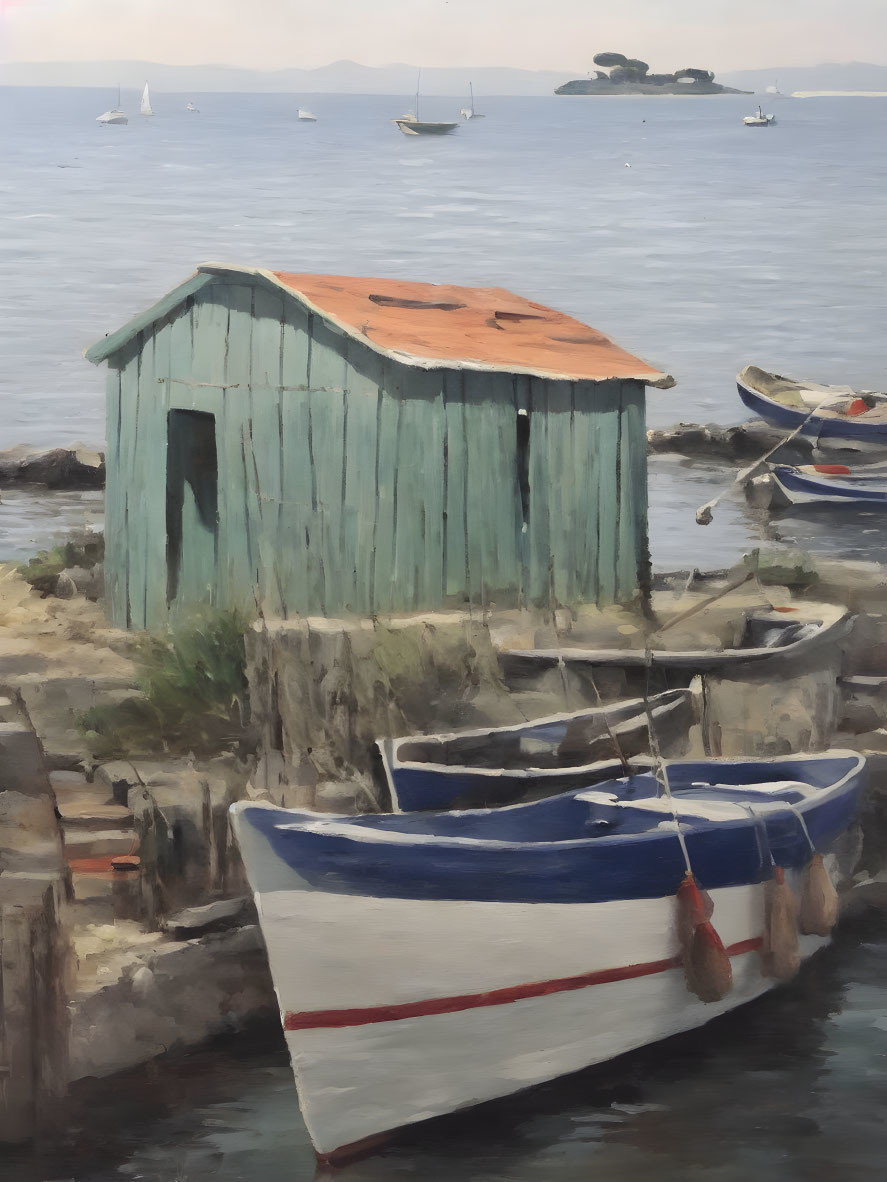 Tranquil coastal landscape with turquoise shack, boat, and sailboats