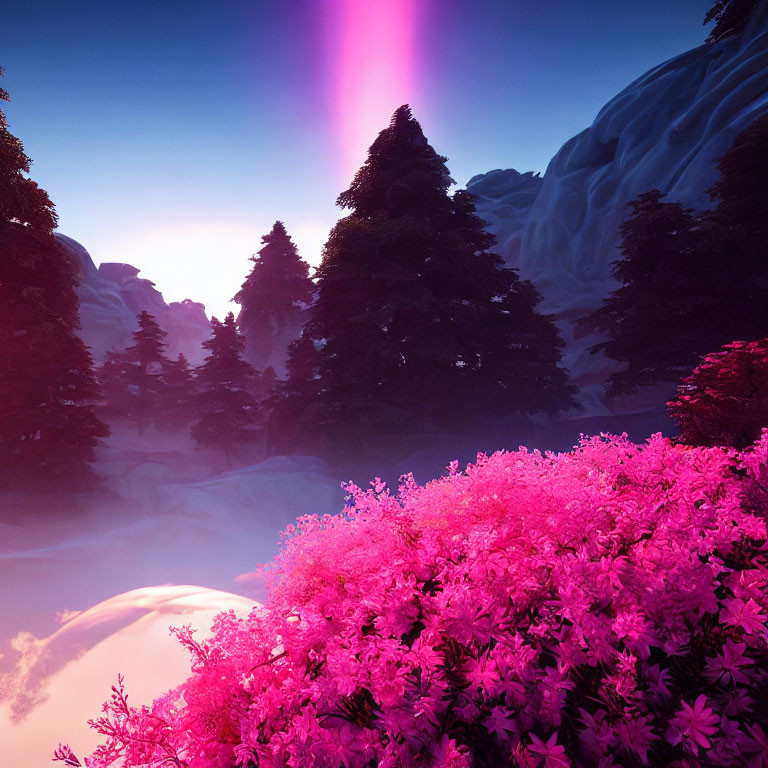 Vibrant pink flora with misty forest, mountains, and twilight sky.