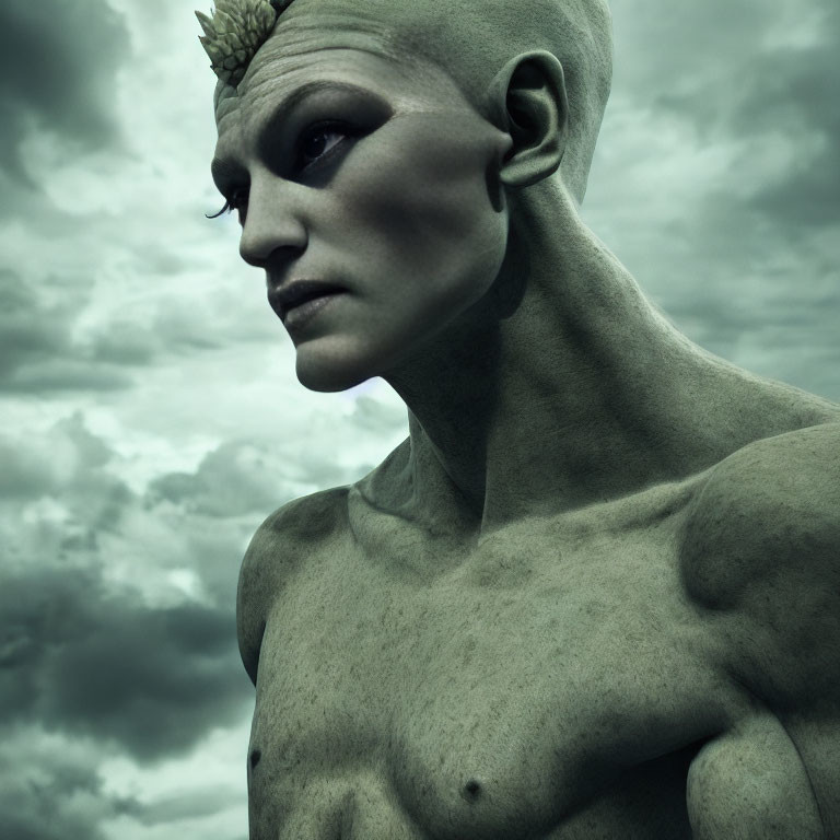 Grey-skinned humanoid with mohawk under stormy sky