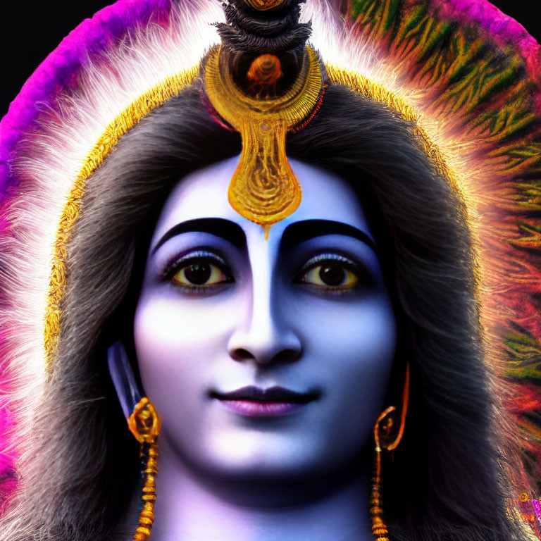 Colorful Lord Shiva Artwork with Third Eye and Peacock Feather Crown