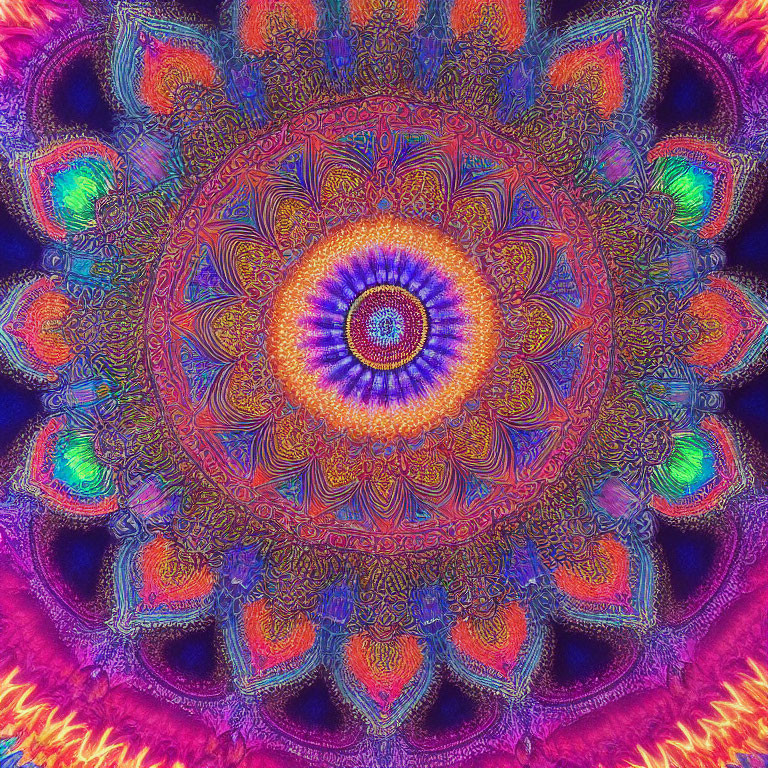 Colorful Psychedelic Mandala with Blue and Purple Center