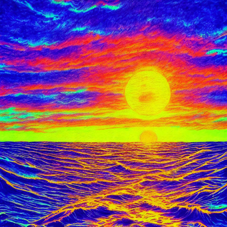 Colorful Psychedelic Sunset Over Sea with Large Sun