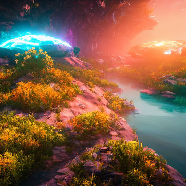 Colorful otherworldly landscape with lush flora, glowing orbs, river, and warm lighting